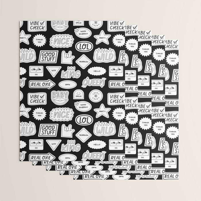 Funny black and white cartoon sticker quote pattern Wrapping Paper Gallery Image 3
