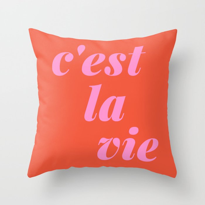 C'est La Vie French Language Saying in Bright Pink and Orange Throw Pillow Gallery Image 6
