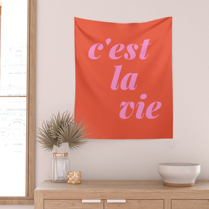 C'est La Vie French Language Saying in Bright Pink and Orange Wall Tapestry Gallery Image 2