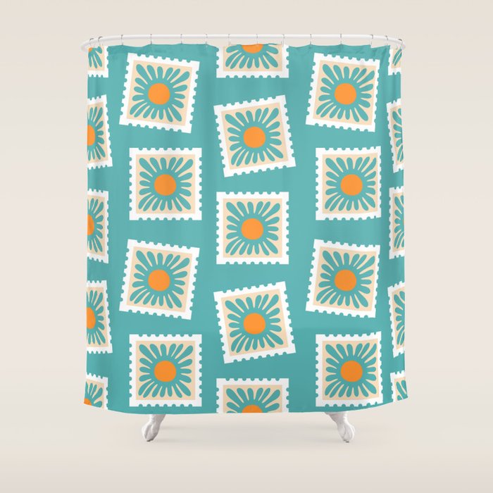 Vintage flower postage stamp pattern Shower Curtain Gallery Image 1