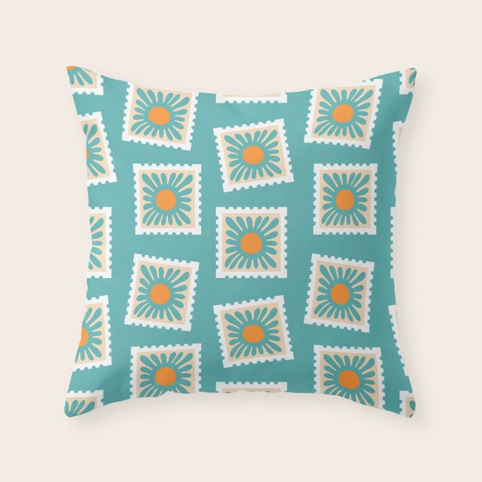Vintage flower postage stamp pattern Throw Pillow Gallery Image 1