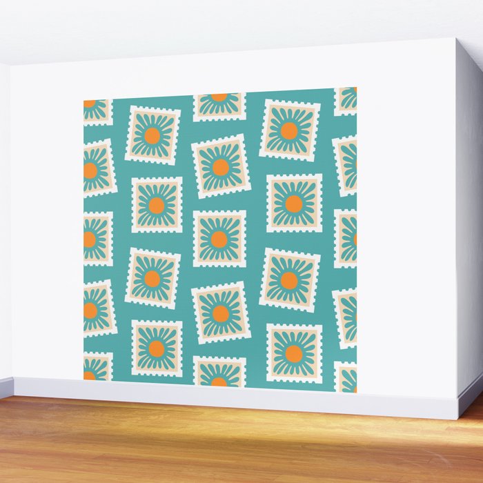 Vintage flower postage stamp pattern Wall Mural Gallery Image 2