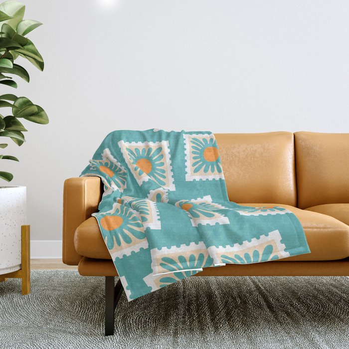 Vintage flower postage stamp pattern Throw Blanket Gallery Image 1