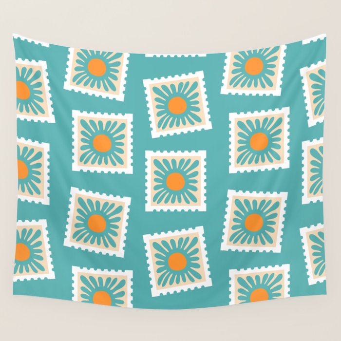 Vintage flower postage stamp pattern Wall Tapestry Gallery Image 4
