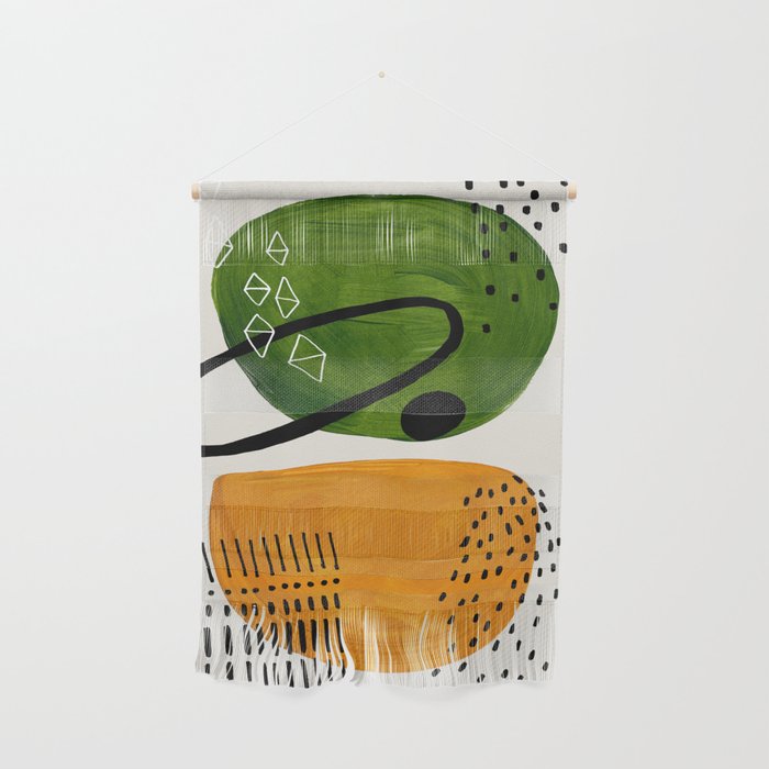 Mid Century Modern Abstract Colorful Art Patterns Olive Green Yellow Ochre Orbit Geometric Objects Wall Hanging Gallery Image 1