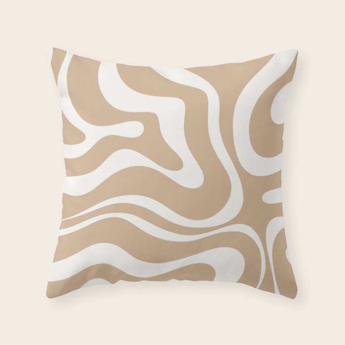 Modern Retro Liquid Swirl Abstract Pattern Square in Coffee Creme and Nearly White Cream Throw Pillow Gallery Image 6
