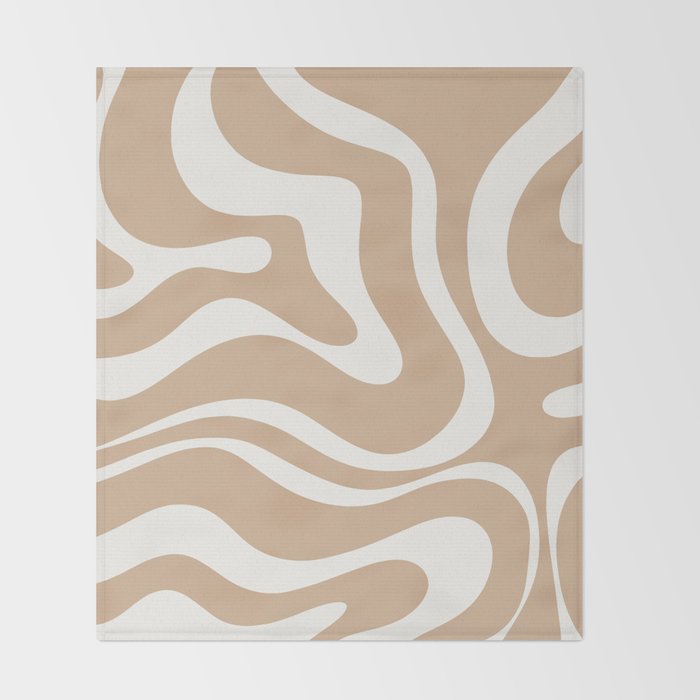 Modern Retro Liquid Swirl Abstract Pattern Square in Coffee Creme and Nearly White Cream Throw Blanket Gallery Image 2