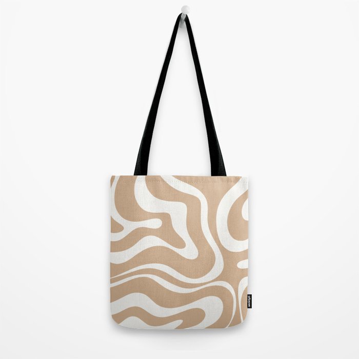Modern Retro Liquid Swirl Abstract Pattern Square in Coffee Creme and Nearly White Cream Tote Bag Gallery Image 2