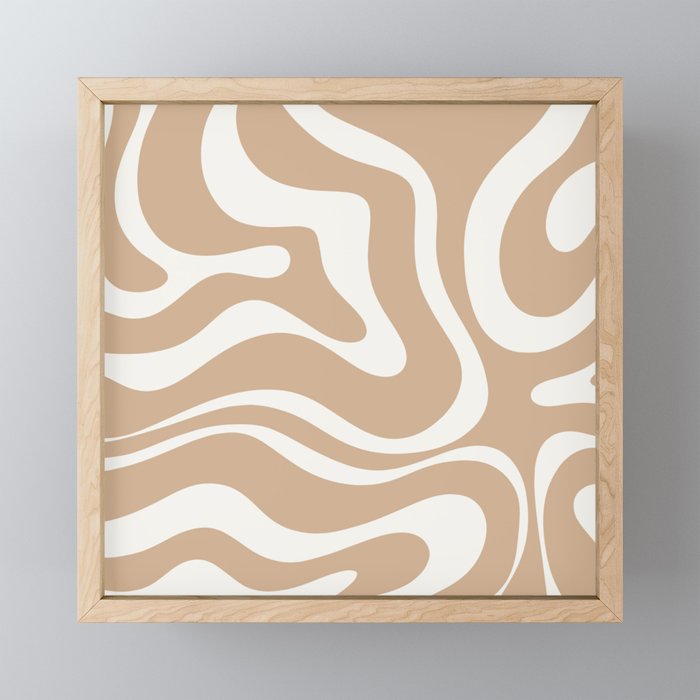 Modern Retro Liquid Swirl Abstract Pattern Square in Coffee Creme and Nearly White Cream Mini Art Print Gallery Image 1