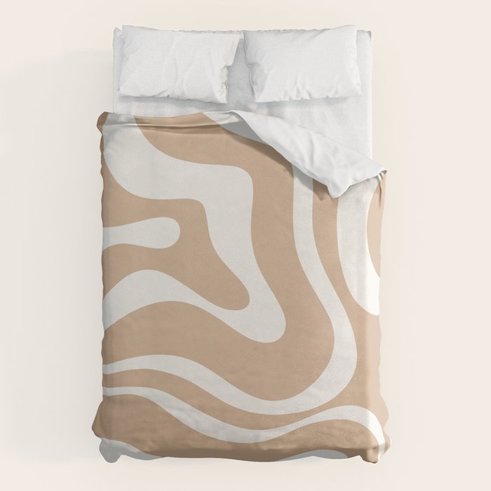 Modern Retro Liquid Swirl Abstract Pattern Square in Coffee Creme and Nearly White Cream Duvet Cover Gallery Image 1