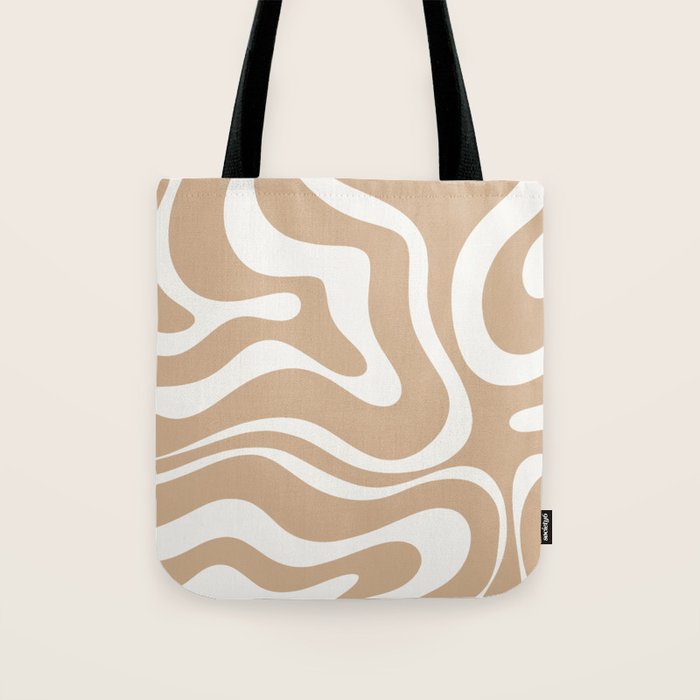 Modern Retro Liquid Swirl Abstract Pattern Square in Coffee Creme and Nearly White Cream Tote Bag Gallery Image 1
