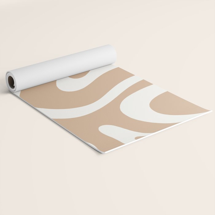 Modern Retro Liquid Swirl Abstract Pattern Square in Coffee Creme and Nearly White Cream Yoga Mat Gallery Image 2