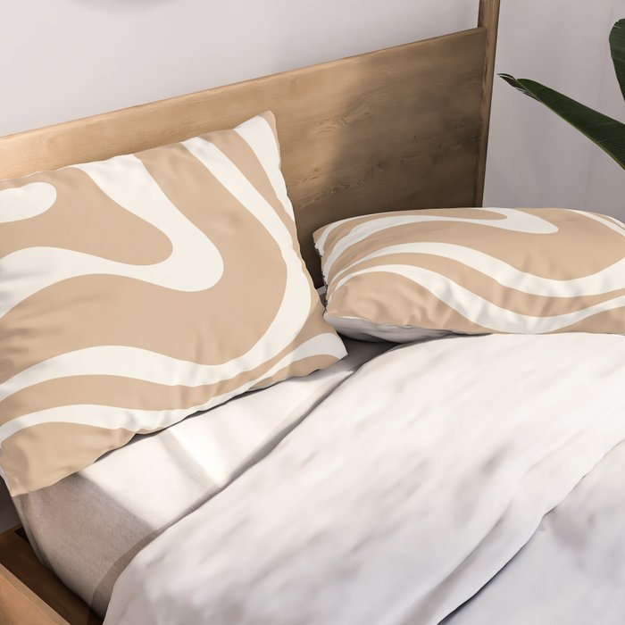 Modern Retro Liquid Swirl Abstract Pattern Square in Coffee Creme and Nearly White Cream Pillow Sham Gallery Image 2