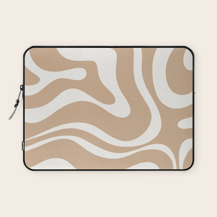 Modern Retro Liquid Swirl Abstract Pattern Square in Coffee Creme and Nearly White Cream Laptop Sleeve Gallery Image 1