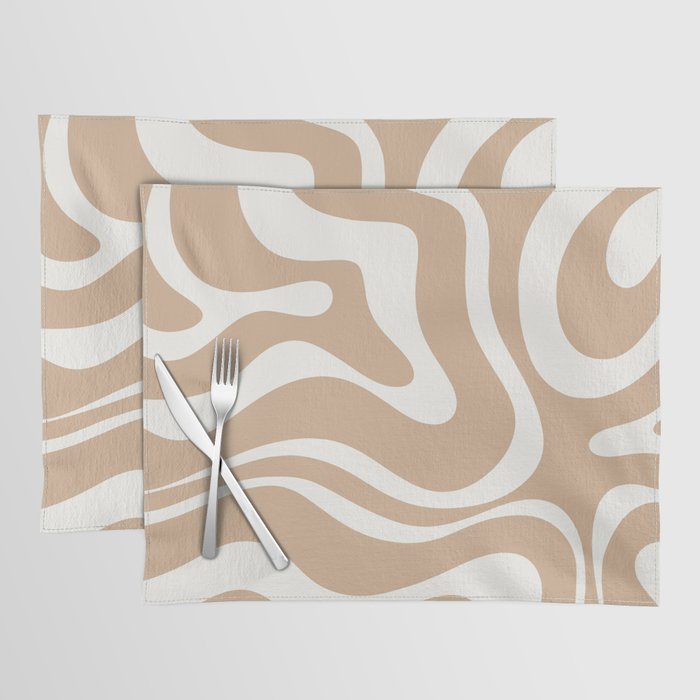 Modern Retro Liquid Swirl Abstract Pattern Square in Coffee Creme and Nearly White Cream Placemat Gallery Image 1