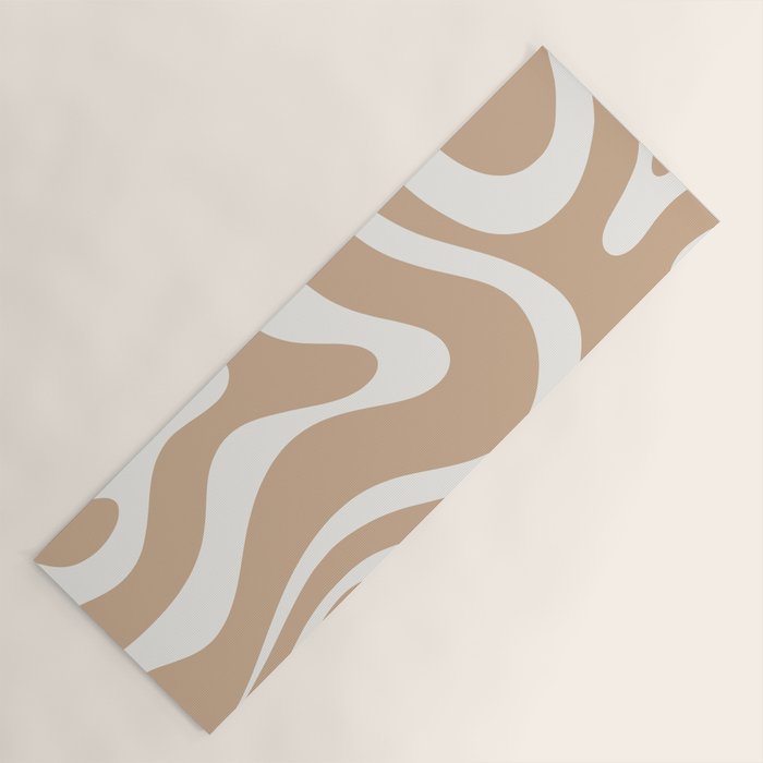 Modern Retro Liquid Swirl Abstract Pattern Square in Coffee Creme and Nearly White Cream Yoga Mat Gallery Image 1