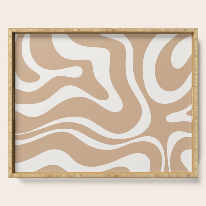 Modern Retro Liquid Swirl Abstract Pattern Square in Coffee Creme and Nearly White Cream Serving Tray Gallery Image 1