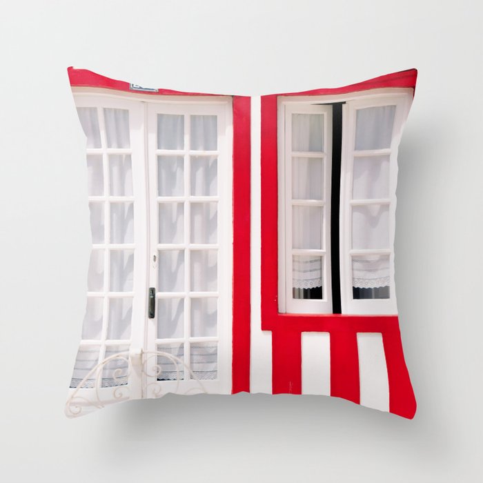 Red Stripes Beach House - Window - Door - Travel photography Throw Pillow Gallery Image 1