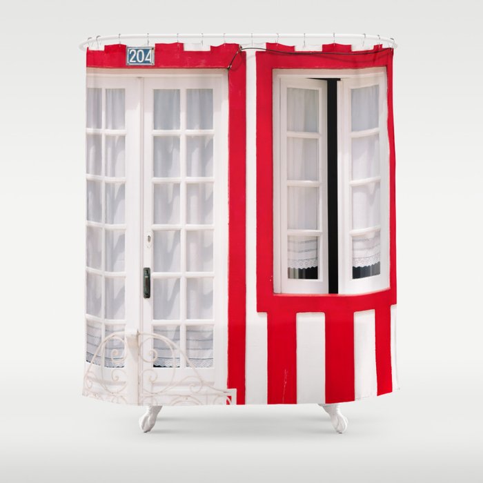 Red Stripes Beach House - Window - Door - Travel photography Shower Curtain Gallery Image 1