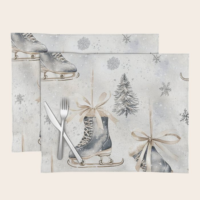 Blue Beige Winter Ice Skates Watercolor Snowflakes Illustration  Placemat Gallery Image 1
