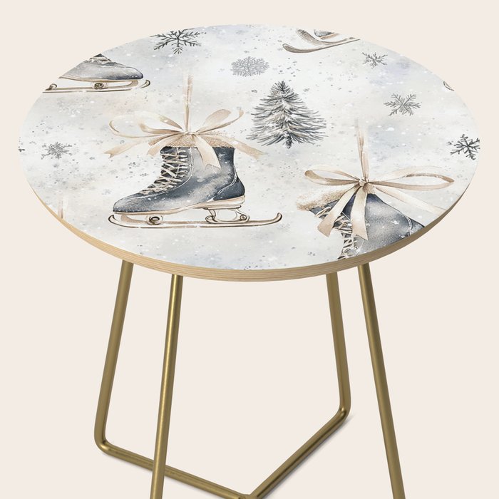 Blue Beige Winter Ice Skates Watercolor Snowflakes Illustration  Side Table Gallery Image 2