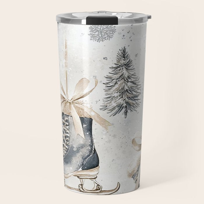 Blue Beige Winter Ice Skates Watercolor Snowflakes Illustration  Travel Mug Gallery Image 1