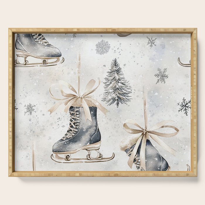Blue Beige Winter Ice Skates Watercolor Snowflakes Illustration  Serving Tray Gallery Image 1