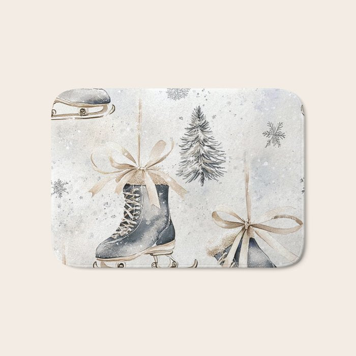 Blue Beige Winter Ice Skates Watercolor Snowflakes Illustration  Bath Mat Gallery Image 1