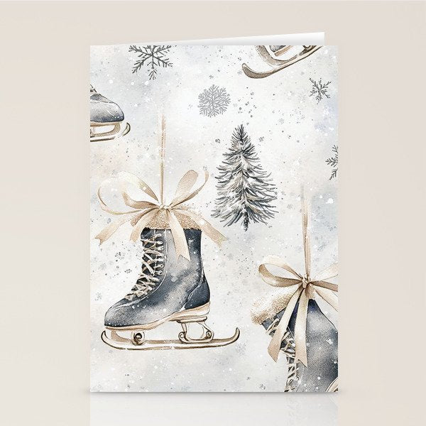 Blue Beige Winter Ice Skates Watercolor Snowflakes Illustration  Stationery Card Gallery Image 2