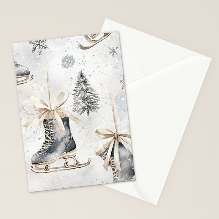 Blue Beige Winter Ice Skates Watercolor Snowflakes Illustration  Stationery Card Gallery Image 2