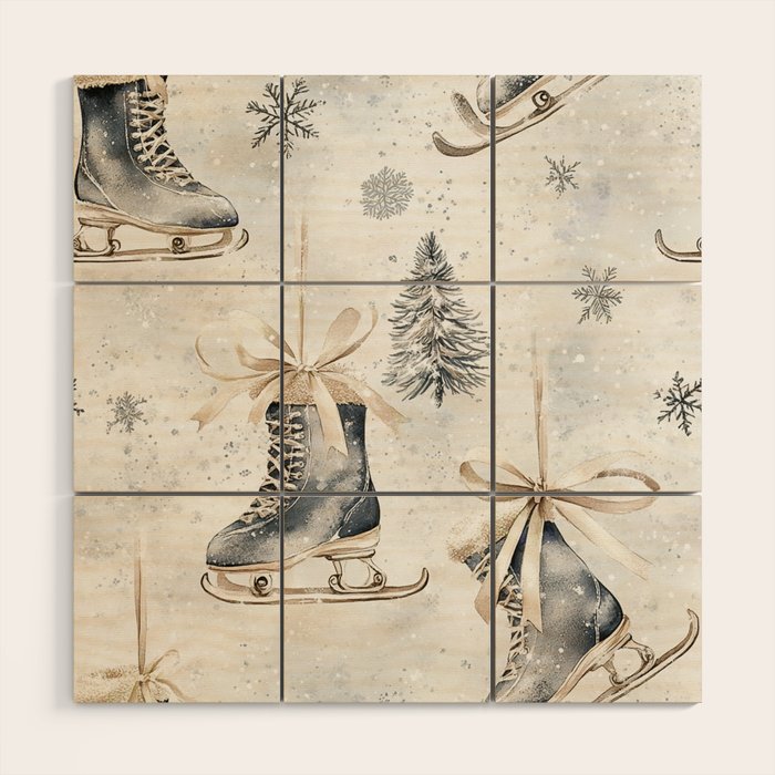 Blue Beige Winter Ice Skates Watercolor Snowflakes Illustration  Wood Wall Art Gallery Image 1