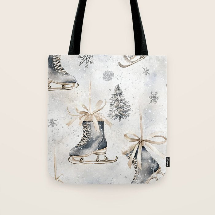 Blue Beige Winter Ice Skates Watercolor Snowflakes Illustration  Tote Bag Gallery Image 1