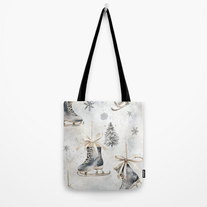Blue Beige Winter Ice Skates Watercolor Snowflakes Illustration  Tote Bag Gallery Image 2