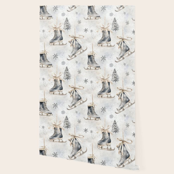 Blue Beige Winter Ice Skates Watercolor Snowflakes Illustration  Wallpaper Gallery Image 2