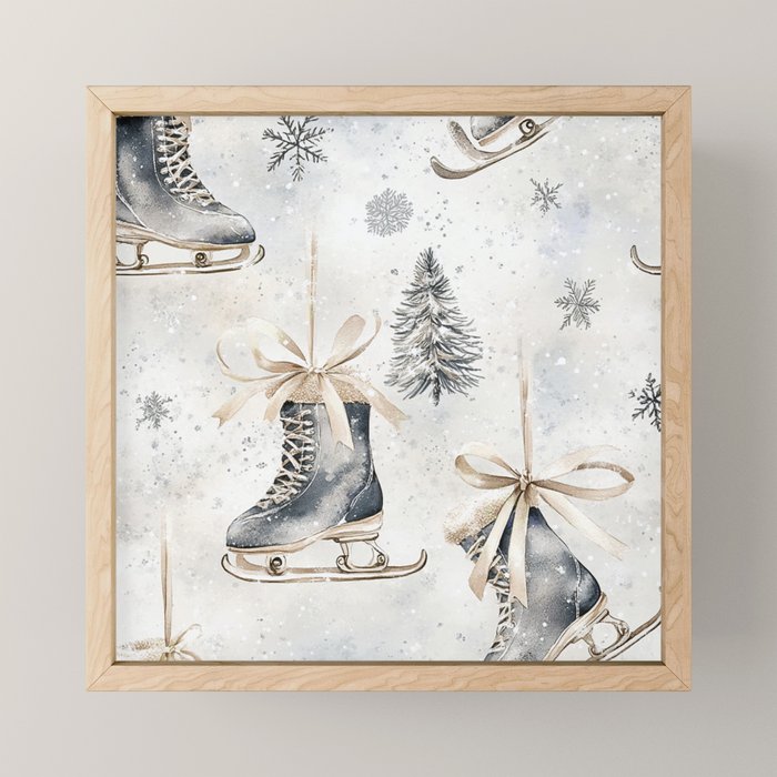 Blue Beige Winter Ice Skates Watercolor Snowflakes Illustration  Mini Art Print Gallery Image 1