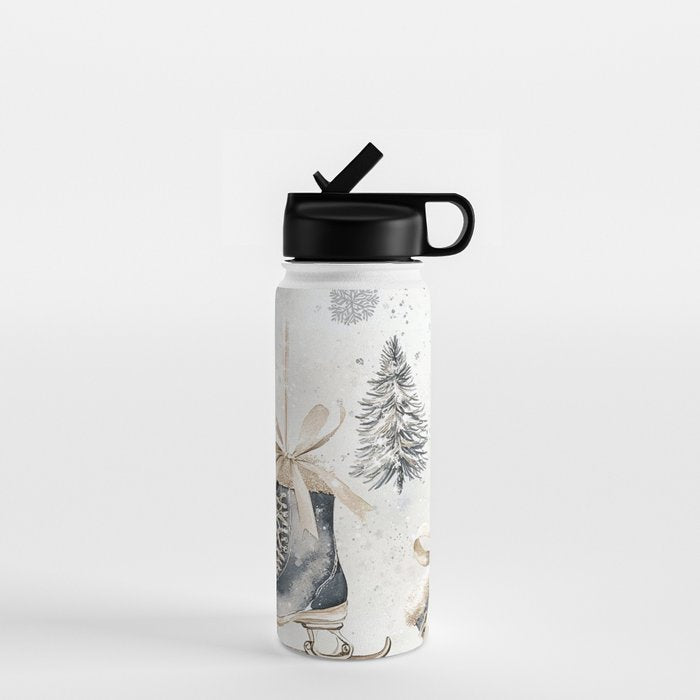 Blue Beige Winter Ice Skates Watercolor Snowflakes Illustration  Water Bottle Gallery Image 1