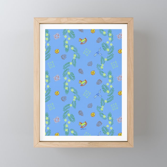 Whimsical Tiny Toys & Pine Branches in Blue Mini Art Print Gallery Image 1