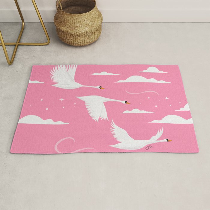 Flying Swans Illustration - Pink Sky with Clouds and Stars Rug Gallery Image 1