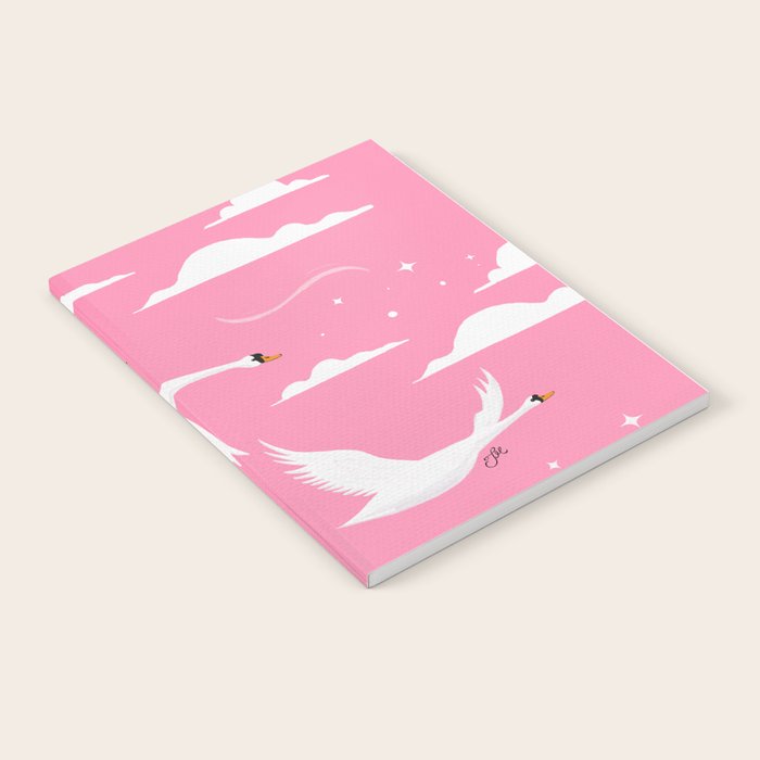 Flying Swans Illustration - Pink Sky with Clouds and Stars Notebook Gallery Image 1