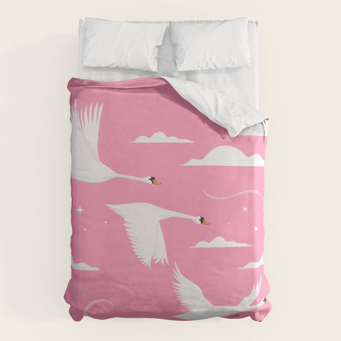 Flying Swans Illustration - Pink Sky with Clouds and Stars Duvet Cover Gallery Image 6