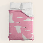 Flying Swans Illustration - Pink Sky with Clouds and Stars Duvet Cover Gallery Image 6