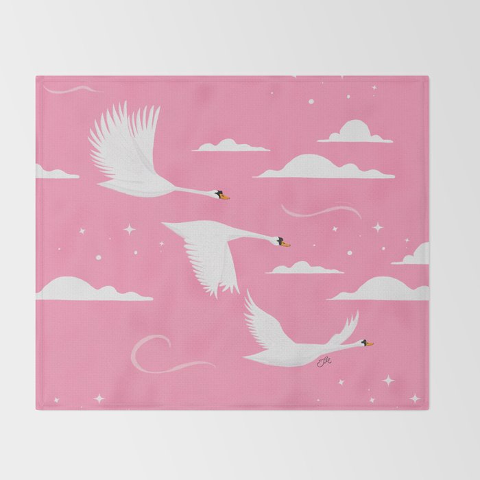 Flying Swans Illustration - Pink Sky with Clouds and Stars Throw Blanket Gallery Image 2