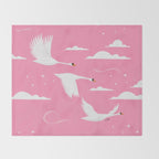 Flying Swans Illustration - Pink Sky with Clouds and Stars Throw Blanket Gallery Image 2