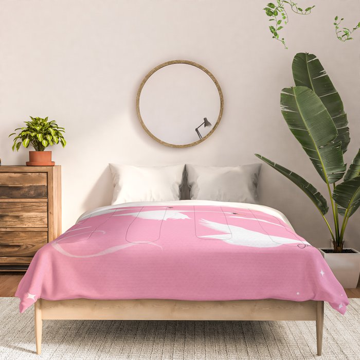 Flying Swans Illustration - Pink Sky with Clouds and Stars Comforter Gallery Image 3