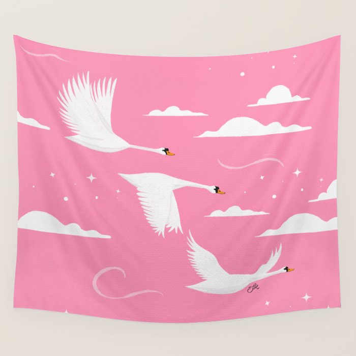 Flying Swans Illustration - Pink Sky with Clouds and Stars Wall Tapestry Gallery Image 1