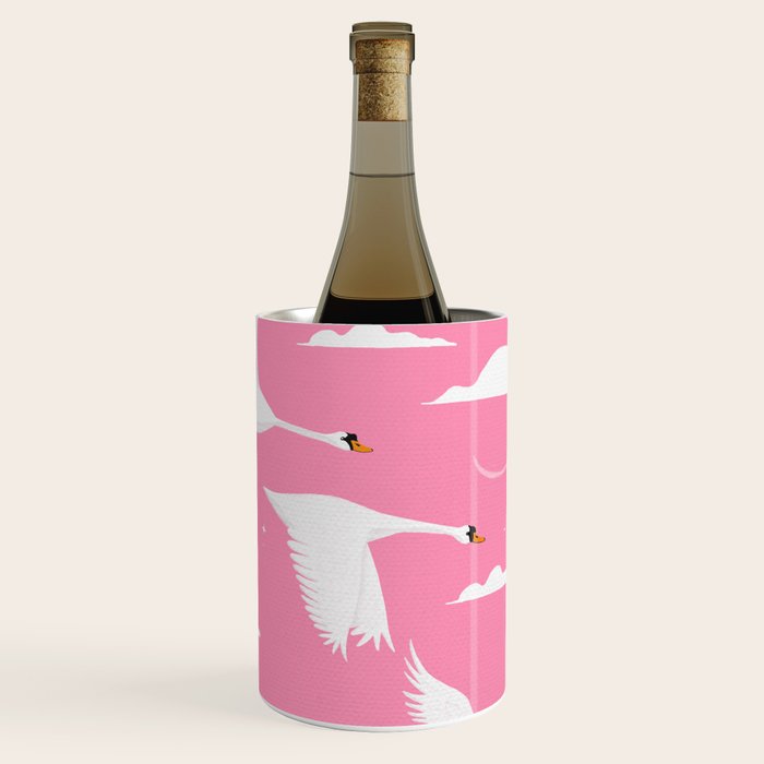 Flying Swans Illustration - Pink Sky with Clouds and Stars Wine Chiller Gallery Image 1