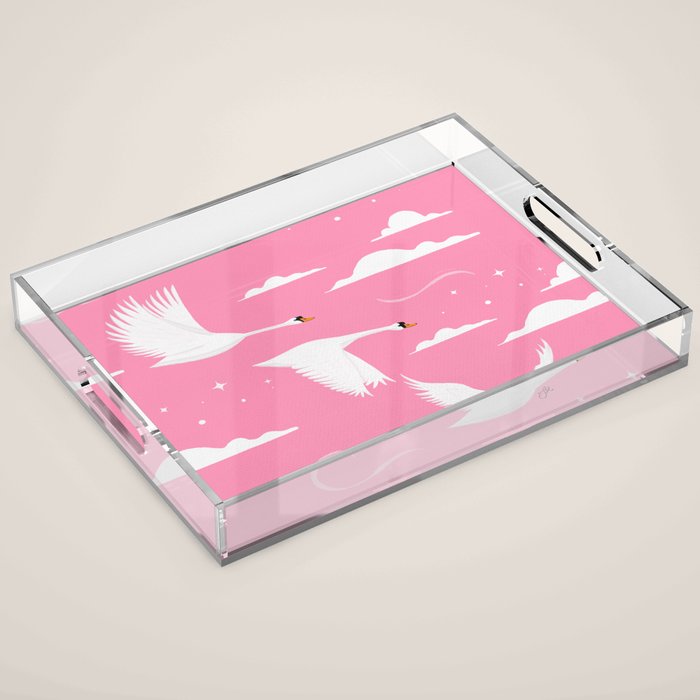 Flying Swans Illustration - Pink Sky with Clouds and Stars Acrylic Tray Gallery Image 1