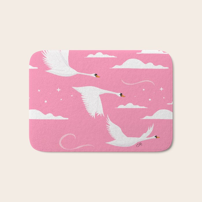 Flying Swans Illustration - Pink Sky with Clouds and Stars Bath Mat Gallery Image 1