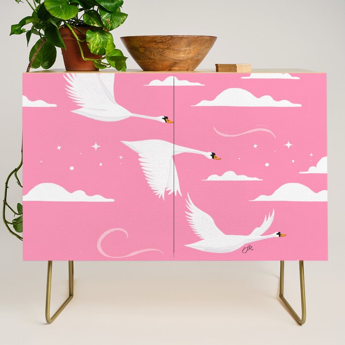 Flying Swans Illustration - Pink Sky with Clouds and Stars Credenza Gallery Image 1