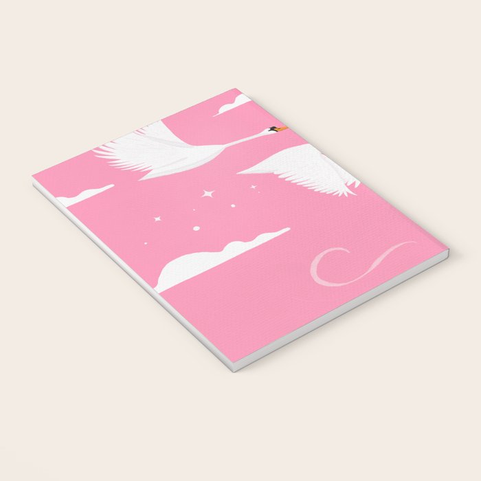 Flying Swans Illustration - Pink Sky with Clouds and Stars Notebook Gallery Image 3